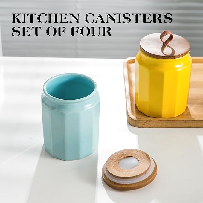 Ceramic Canister Sets for Kitchen Counter, 4-Piece Food Airtight Storage Jars for with Wood Lid, Storage Container for Coffee, Flour, Tea, Candy, Cookie, Spice