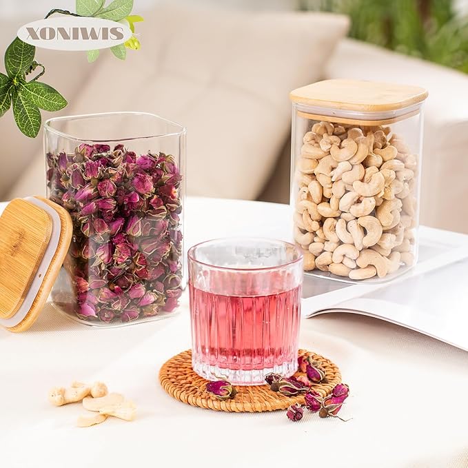 37oz 4PCS Glass Storage Containers with Lids, Glass Jars with Lids Pantry Food Storage Jars, Square Canister For Cookie, Nuts, Snack, Cereal, Candy, LeafTea, Coffee, Spice