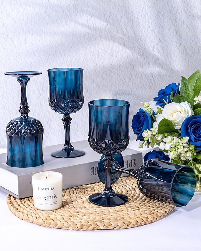 Ciaell 24PCS Blue Plastic Wine Glasses - 7 Oz Plastic Goblets for Party - Blue Vintage Drinking Glasses - Disposable Water Goblets Set for Wedding, Bar, Wine, Beer, Juice, Cocktail & Halloween