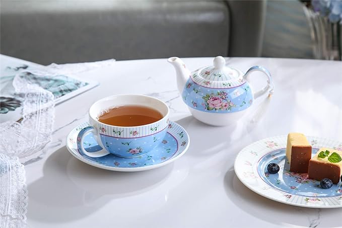London Boutique Tea for One Teapot Cup saucer Set Vintage Flora Rose New Bone China Gift Box (Rose Blue)