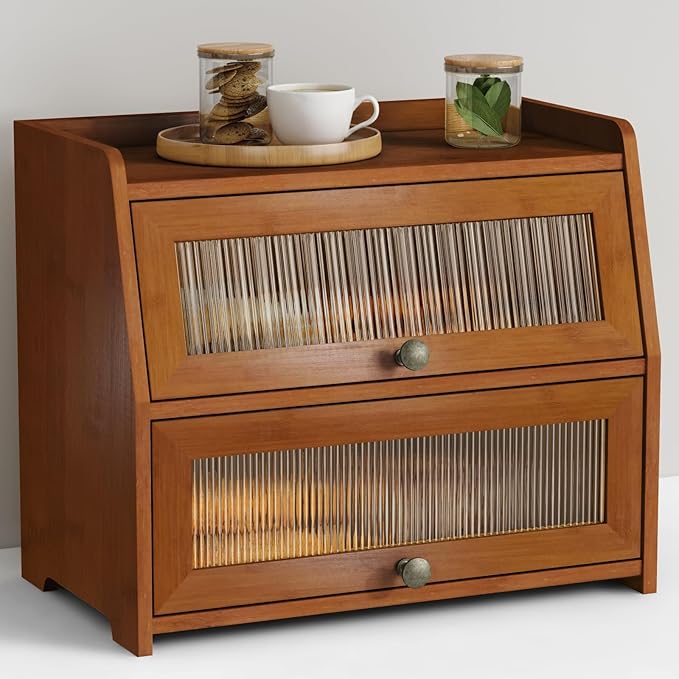 Walnut Brown Roll Top Bread Box for Kitchen Countertop, 2 Tier Large Bread Storage Container for Homemade Bread, 2 Door Wooden Breadbox Holder Keeper for Sourdough Loaf Storage (Bamboo Wood)