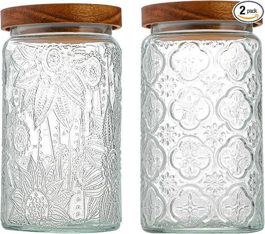34 OZ/2 PCS Glass Storage Jar with Airtight Bamboo Wooden Lids, Vintage Food Containers Canisters Sets for Kitchen Counter Pantry, Sugar, Flour, Candy, Tea, Coffee Beans, Oats, Grain Bin, Pasta,