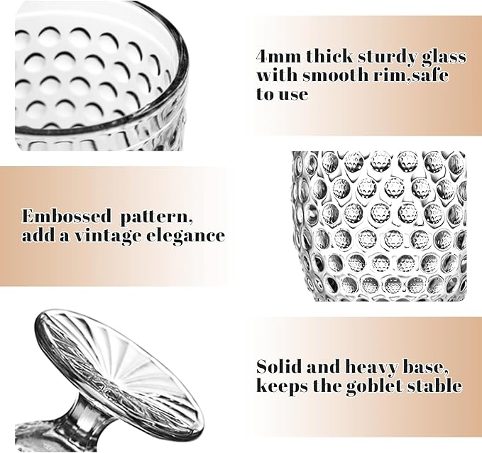 Hobnail Glass Goblets 16.9 Oz, Stemmed Water Glasses, Iced Tea Goblets, Vintage Drinking Glasses for Beverages, Set of 4 (Clear)