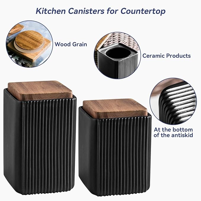 Ceramic Storage Jars Modern Elegant Polished Airtight Gorgeous Storage Canisters with Wooden Lid Small Food Stroage Jar for Kitchen Spice Tea Vanilla Sugar Coffee Beans (Black,Large size,17cm*10cm)