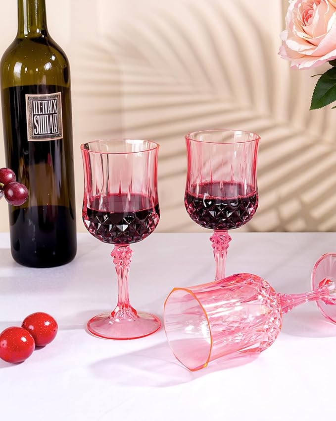 Ciaell 24PCS Pink Plastic Wine Glasses - 7 Oz Plastic Goblets for Party - Pink Vintage Drinking Glasses - Disposable Water Goblets Set for Wedding, Bar, Wine, Beer, Juice, Cocktail, Whiskey