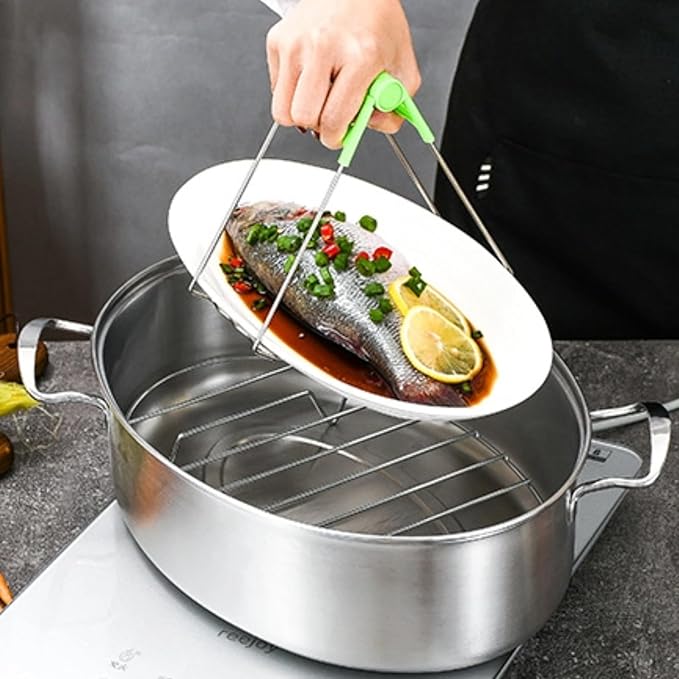 Stainless Steel Fish Steamer, Fish Steamer for Cooking Multi-Use Oval Pasta Pot/Braiser with Rack, Ceramic Pan, Chuck, Stockpot for Steaming Fish, Boiling Soup
