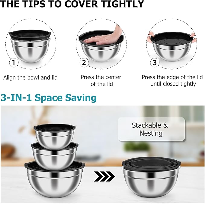 TeamFar Mixing Bowls, 4.6/3 / 1.5 QT, Stainless Steel Nesting Salad Bowls with Airtight Lids Set, For Serving/Mixing/Storing, Healthy & Long-lasting, Dishwasher Safe & Easy Clean, Black