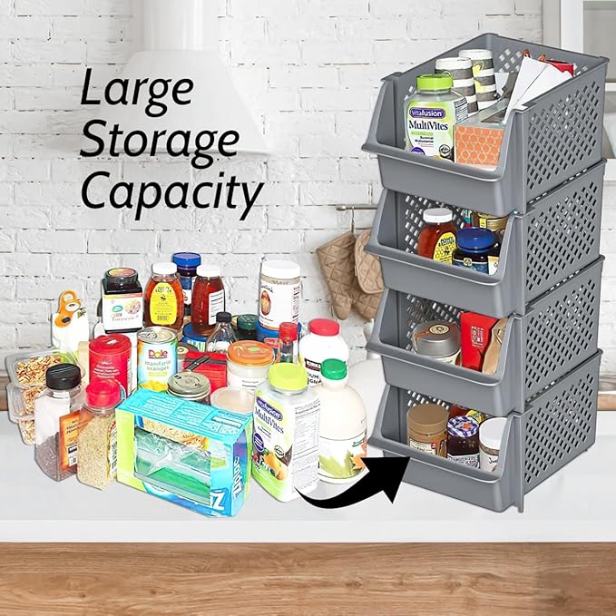 TidyFriend Stackable Storage Bins for Closet Organizers and Storage 4 Pack, Garage Storage Bin Stackable, Bathroom and Garage Organizer (Grey)