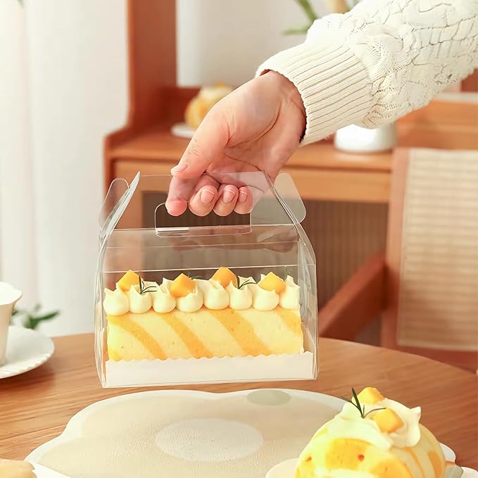30 Pcs 6.3 Inch Clear Roll Cake Gable Boxes with Handle & Cake Boards, Transparent Plastic Gift Boxes，Easy Carrying Pastry Containers for Bakery Christmas Wedding