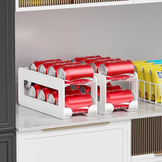 2 Pack Soda Can Organizer,Can Dispenser for Refrigerator Drink Storage Rack for Standard and Tall Can Pop Can Holders for Pantry Cabinet White