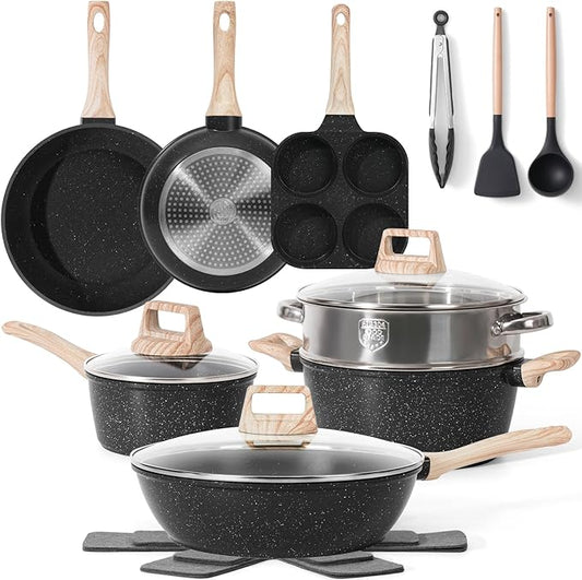 17 Pcs Pots and Pans Set Non Stick Kitchen Cookware Sets Nonstick Induction Cookware Non-toxic Black Granite Cooking Tools with Stay-Cool Handles, Pot Protectors (PFOS/PFOA Free)