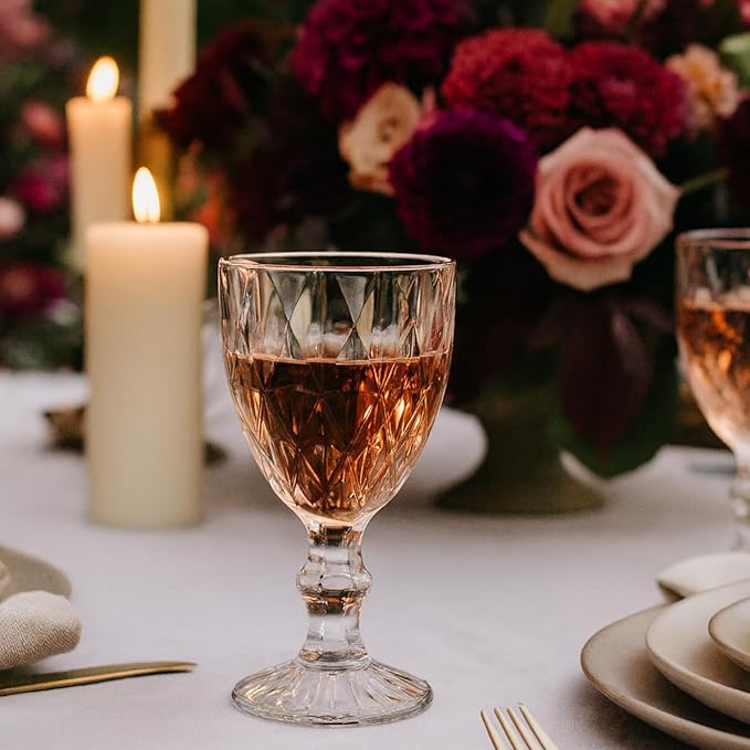 Beille Set of 6 Clear Carved Goblet Water Glasses Home Decor Entertaining Essentials Glassware, 10oz