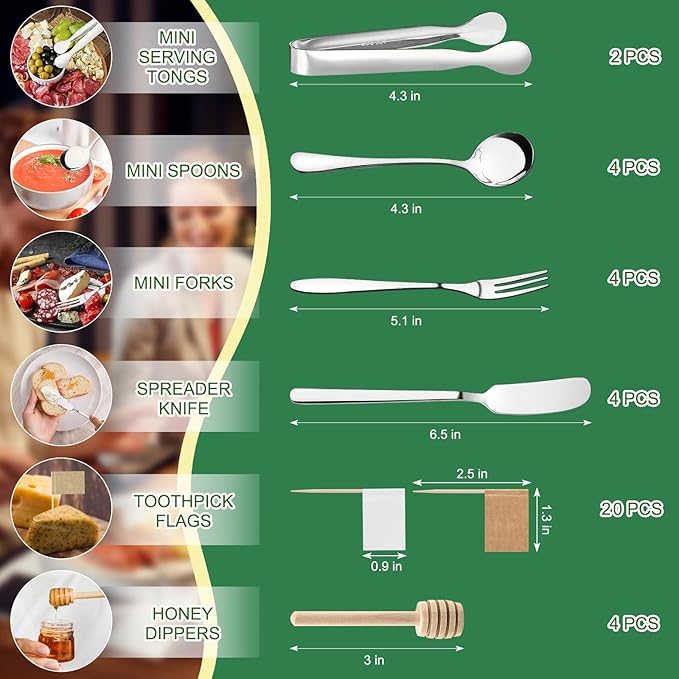 38 Pcs Charcuterie Boards Accessories, Silver Stainless Steel Charcuterie Utensils Set, Including Cheese Butter Spreader, Mini Serving Tongs, Knives, Spoons, Forks, Honey Dippers and Toothpick Flags