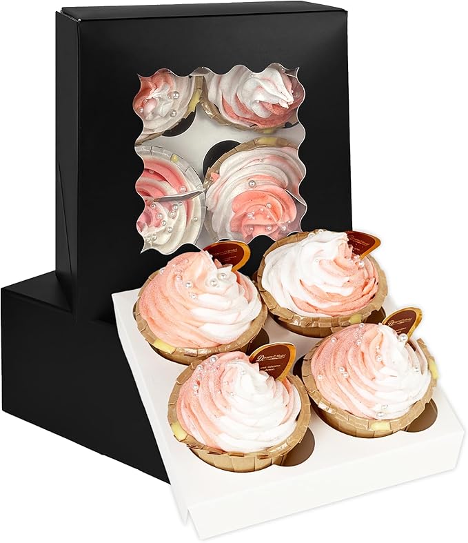Bakepacker Auto-pop up 4 Cupcake Boxes with Window 20 Count Black Box 6.3 x 6.3 x 3inch Cupcake Carrier