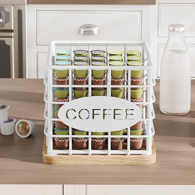 Coffee Pod Holder Organizer, Large Capacity Coffee Pod Basket for K Cup, Coffee Capsule Storage Basket with Wooden Base, Space Saving, for Kitchen Countertop, White and Natural KH10WN