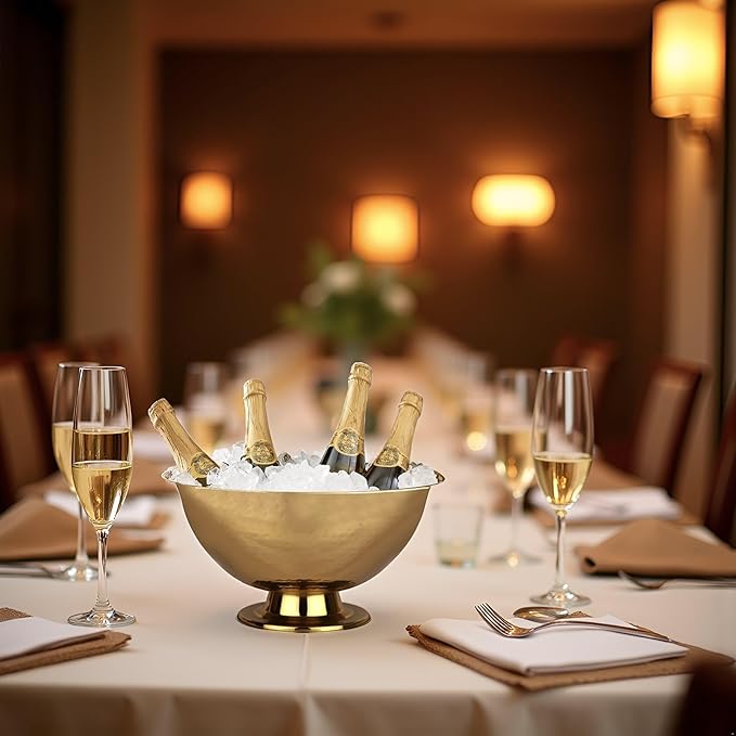 Cruiser’s Caché 16" Footed Champagne Bucket, Beverage Tub, Wine and Champagne Server, Stainless Steel with Gold Hammered Finish