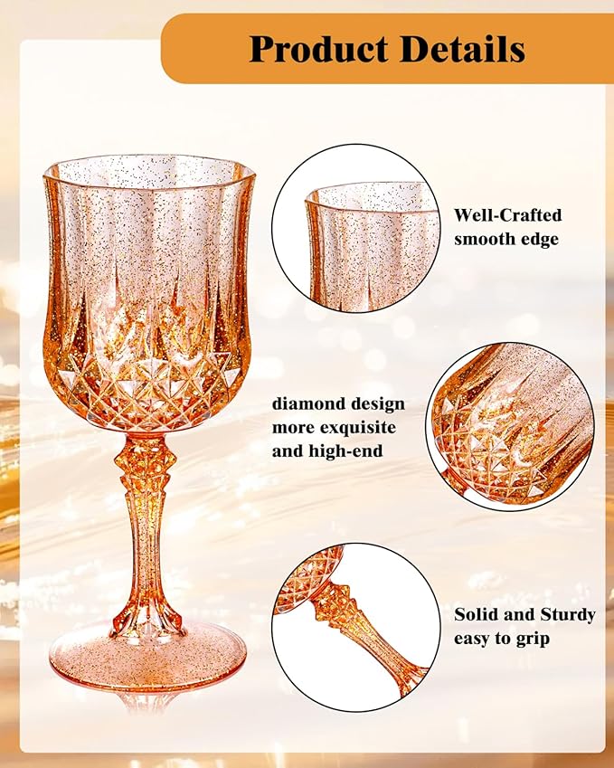 Ciaell 24PCS Rose Gold with Glitter Plastic Wine Glasses - 7 Oz Vintage Drinking Glasses with Rose Gold Glitter - Disposable Water Goblets Set for Party Wedding, Bar, Wine, Beer & Thanksgiving