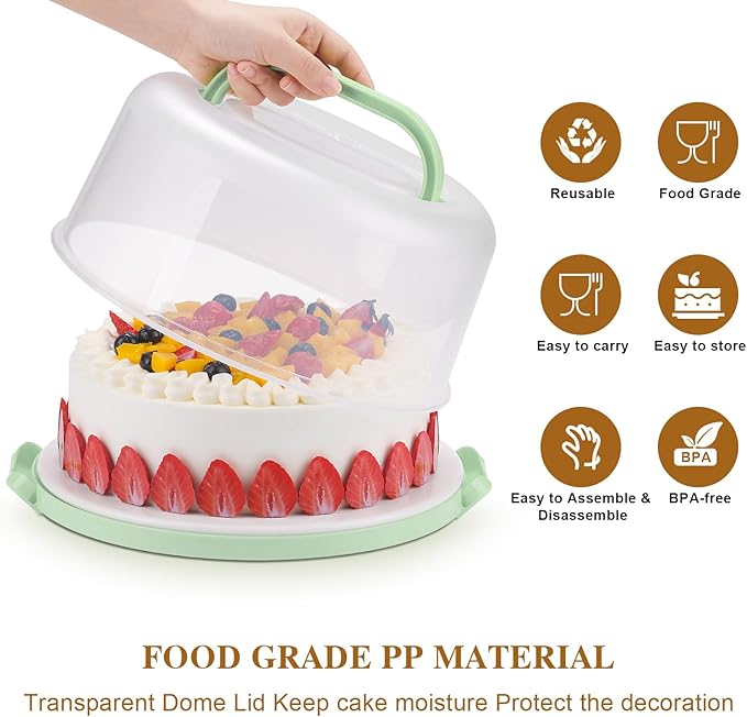 Cake Carrier with Lid and Handle, Cake Stand Cupcake Containers for 10 inch Cake with 2 Handles Cupcake Holder, 3 in 1 Transport Storage Container for Cake Pie Muffin Pizza，Green Round Cake Carriers
