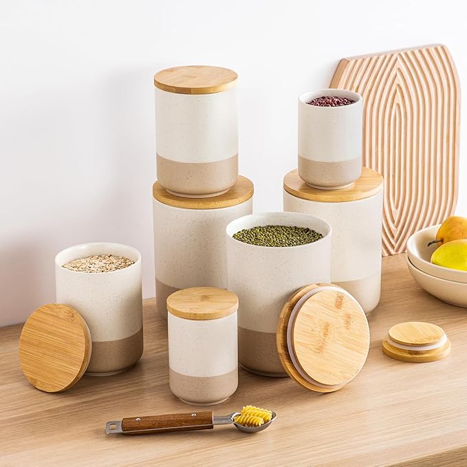 vancasso Sabine Ceramic Canister Set with Airtight Wood Lids - 3-Piece Kitchen Storage for Flour, Sugar, Coffee, Tea & Spices - Modern Countertop Decor
