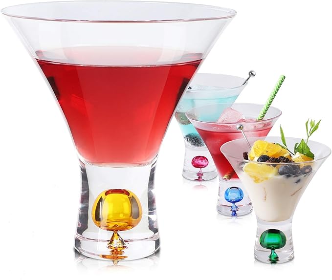 Martini Glasses Set of 4 - Christmas Gift Stemless Crystal Margarita Glasses 6oz Hand Blown Colored Cocktail Glasses Great for Martini, Margarita - Color Will Not Leak Off-Hand Wash Only