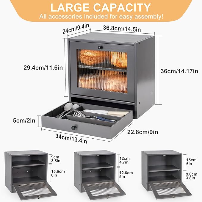 Sunhoo Bread Box for Kitchen Countertop Bin 2 Layer Wooden Bread Storage Breadbox Holder Large Capacity Container Bread Organizer Farmhouse Keeper Shelf with Drawer Acrylic Window (Grey
