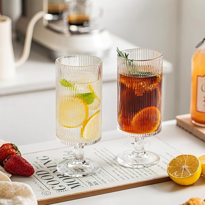 INSETLAN Set of 8 Ribbed Glass Goblets–4 Goblets Glassware 12oz, 4 Short Stem Wine Glasses 10oz, Vertical Stripe Stemmed Glassware, Ideal for Juice, Water, Iced Coffee, Whiskey, Mixed Drinkware