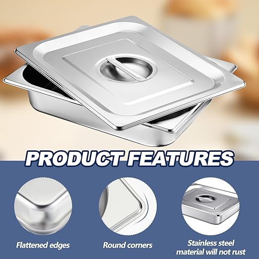 Mifoci Stainless Steam Hotel Pan with Lid, 2-1/2 Inch Deep Steam Table Pan Restaurant Supplies Reusable Anti Rust Catering Storage for Home, Party, Restaurant, Hotel, Buffet(6 Sets,1/2 Size)