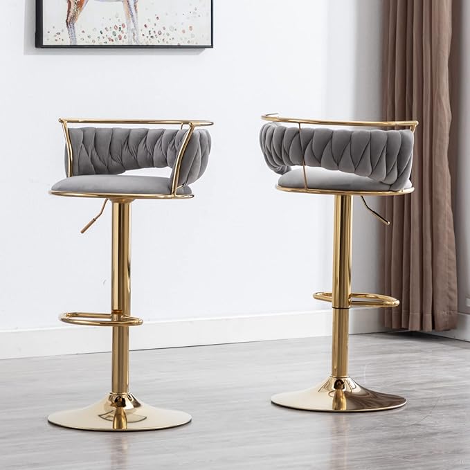 LukeAlon Modern Velvet Adjustable Barstools Set of 4, 360° Swivel Counter Stools with Golden Base Upholstered Open Back Tall Bar Chairs with Footrest for Home Pub Kitchen, Grey