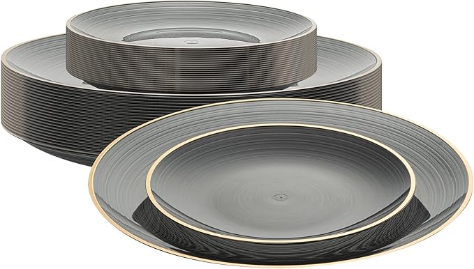 Restaurantware Plastic Plates 200 Pcs 7.13" and 10" Combo Gold Rimmed Plate Set Disposable Heavy-Duty Black Translucent Rippled Plastic Dinner Servers for Party, Weddings, Salads, Desserts