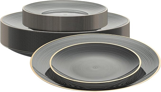 Restaurantware Plastic Plates 200 Pcs 7.13" and 10" Combo Gold Rimmed Plate Set Disposable Heavy-Duty Black Translucent Rippled Plastic Dinner Servers for Party, Weddings, Salads, Desserts
