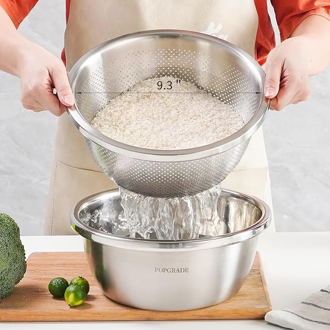 304 Stainless Steel Colander 4QT Microporous Colander & Large Bowl for Kitchen,Rice Strainer with Salad Mixing Bowl for Pasta Straining,Fruit Washing,Vegetable Draining,Food Mixing(2PCs)