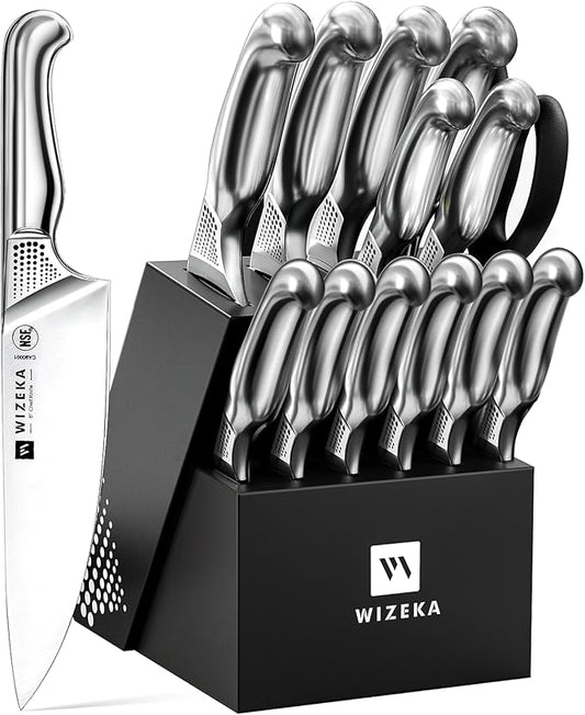 WIZEKA Kitchen Knife Set with Block: 15PCS German Stainless Steel Knife Block Set,One-Piece Design Knives Set for Kitchen, Professional Knife Set with Built-in Sharpener,Starry Sky Series
