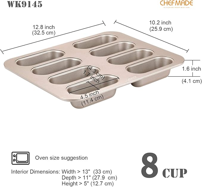 CHEFMADE Twinkie Cake Pan, 8-Cavity Non-Stick Mini Hotdog-Shaped Muffin Eclair Bakeware for Oven Baking (Champagne Gold)