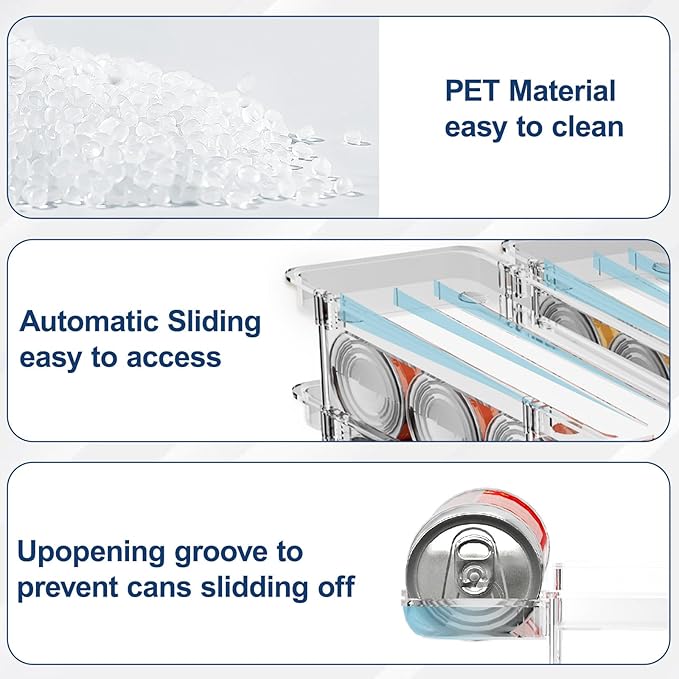 Can Organizer For Pantry,3 Sets 3 Tiers Pantry Organizers And Storage, Pantry Organizer for Fridge 36 Standard and Tall Cans Rack Automatic Rolling Stackable Canned Food Organizer, Clear