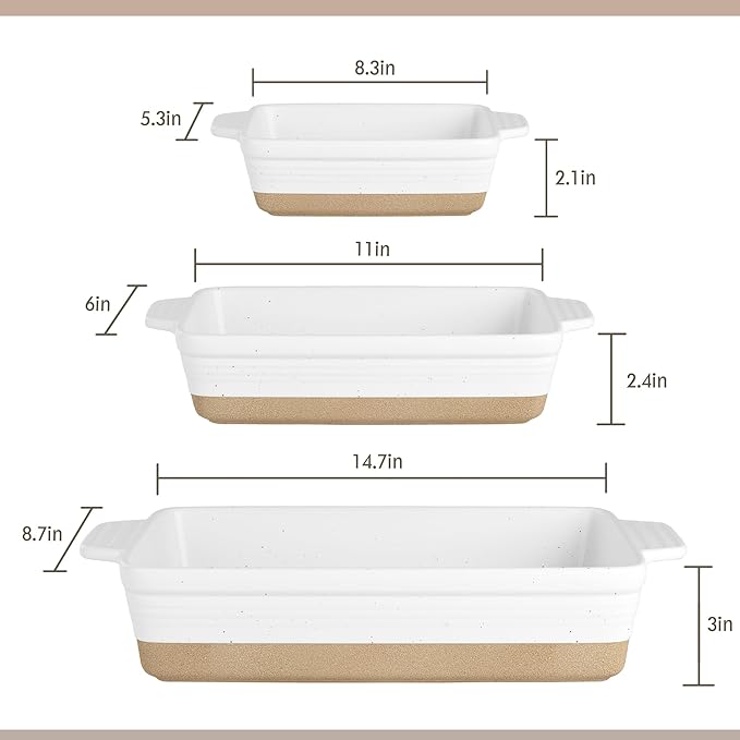 Ceramic Baking Dish, Casserole Dishes for Oven, Extra Deep Lasagna Pans with Handles, Rectangular Bakeware Set of 3 from Oven to Table, Easy to Clean, 14.7 x 8.7 x 3 Inches, White