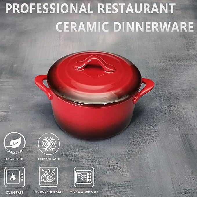 Ceramic Mini Cocotte Set, 17.7 Ounces Small Casserole Dishes with Lids and Handles, Individual Baking Ramekins, Oven, Microwave & Dishwasher Safe (Inner white outer gradient Red glaze)