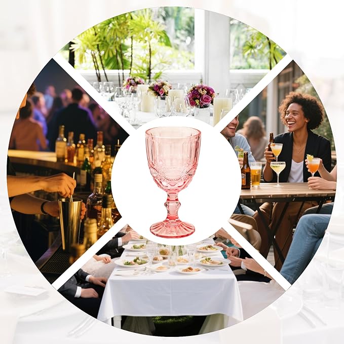 24 Pcs Vintage Wine Glasses, 10 Ounces Colored Glass Water Goblets, Unique Embossed Pattern High Clear Stemmed Glassware Wedding Party Bar Glass Drinking Cups, Floral Pink Glasses Set of 24