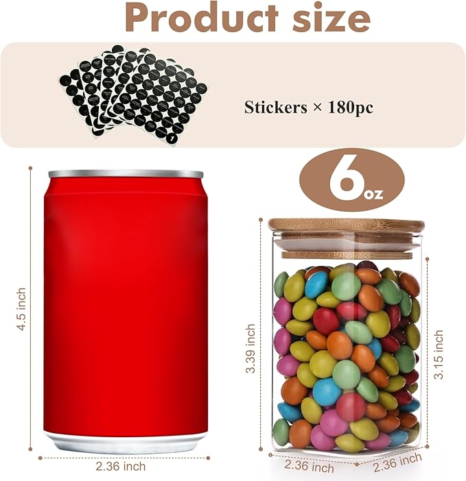 6oz Glass Spice Jars with Bamboo Lid and Label, 12 Pack Square Glass Container, Small Food Storage Containers for Kitchen, Clear Empty Seasoning Jar for Sugar, Salt, Coffee Bean, Herb, Borosilicate