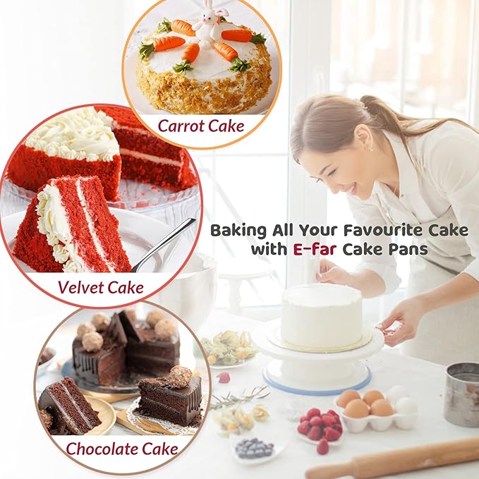 8 Inch Cake Pan Set of 2, E-Far Stainless Steel Round Layer Cake Baking Pans with Parchment Rounds & Side Liner Roll, Non-Toxic & Healthy Metal Cakes Tin, Straight Side & Dishwasher Safe
