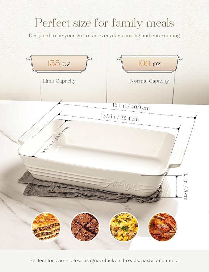 Casserole Dishes for Oven,9x13 Ceramic Baking Dish,4.2 Quarts Large Lasagna Pan with Handles Deep and Large Capacity,Durable Bakeware for Lasagna, Home Decor, Wedding Gift, White