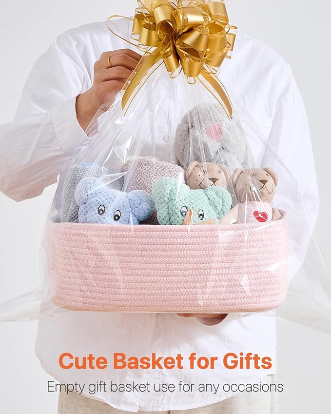 Small Woven Basket, 13.5 x 9.5 x 5 Inches, Storage Basket for Organizing, Cute Small Rope Shelf Closet Cube Storage Bins Baskets for Shelves, Dog Toy Gift Baskets Empty, 3 Pack Light Pink