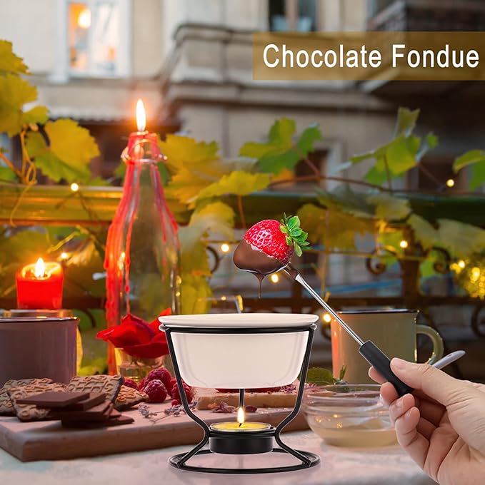 Ceramic Butter Warmer Set, Fondue Pot Melting Pot Set, Melt Hot Pot Round Bowl Set For Cheese Chocolate Butter Caramel, with 2 Dipping Forks