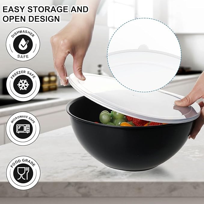 6-Piece Plastic Mixing Bowl Set with Lids for Kitchen, Nesting Storage Bowls for Baking, Prepping,Cooking and Serving Food, Dishwasher, Microwave Safe,Great for Mixing & Serving(6 Set-Black)