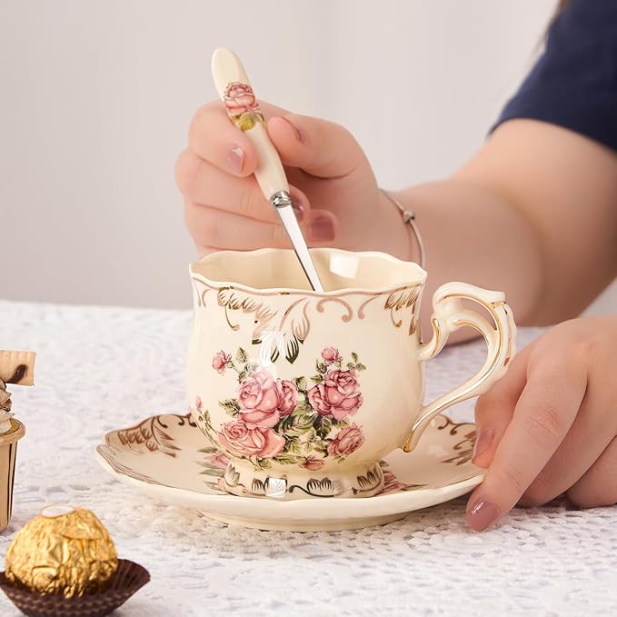 YOLIFE Tea Cups and Saucers Set of 6, Ivory Porcelain Tea Cups Set with Stand, Rose with Gold Leaves Trim Design, Gift for Women (Includes Gift Box, Tote Bag, Greeting Card)