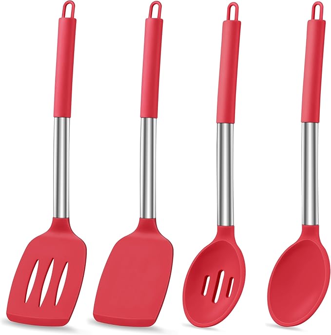 LIANYU Kitchen Cooking Utensils Set of 4, Silicone Turner Spatula Spoon Set for Non-stick Cookware, Heat Resistant & Non-toxic, Dishwasher Safe, Red