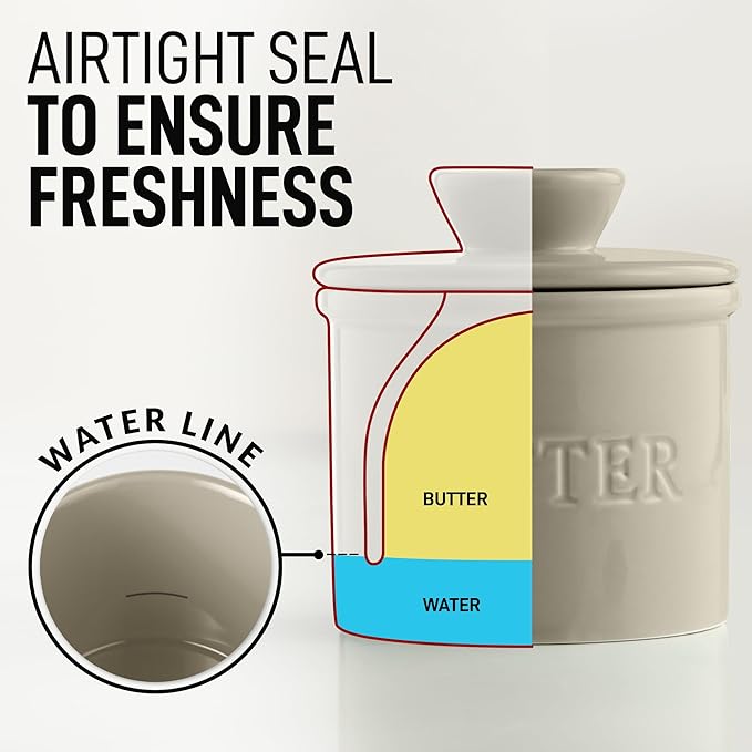 Zulay Kitchen Butter Crock With Lid & Spreader Knife for Countertop - Ceramic French Butter Dish Keeper For Fresh & Spreadable Butter - Stone Gray