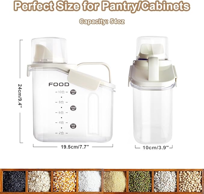 3 Pieces Cereal Containers Storage, 51fl.oz/1.5L Compact Crystal Clear Dry Food Storage Containers with Pouring Spout Measuring Cup for Rice Nuts Beans Pet Food Snacks Candies, 3PCS