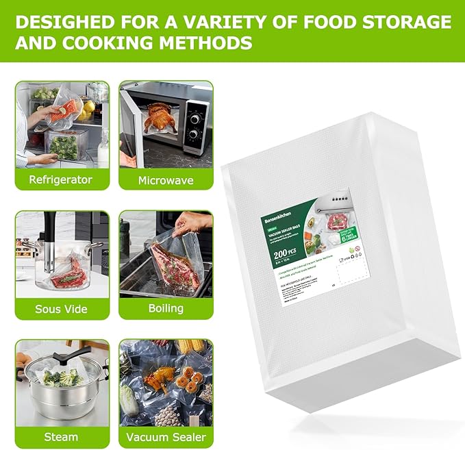 Bonsenkitchen Precut Vacuum Sealer Bags 200 Quart 8" x 12", BPA Free, Commercial Grade Textured Food Vacuum Sealer Bag, Thick Embossed Bags for Storage and Sous Vide Cooking VB3208