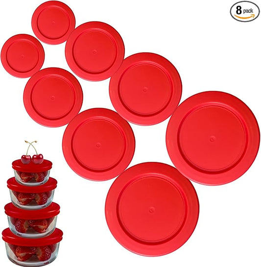 1, 2, 4 & 7 Cup Red Replacement Lids/Covers for Pyrex, Anchor Hocking & KlareWare Storage Bowls *Lids Only Glass Container Not Included* (8 Pack *Two of Each Size*)