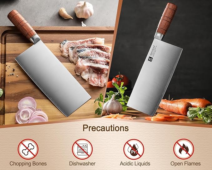 XINZUO 8.1 Inch Professional Chinese Chef Knife,440C Steel Core,Sharp Stainless Steel Vegetable Cleaver Meat Kitchen Square Knife For Precision Slicing, Dicing,Asian Cuisine With Red Wood Handle